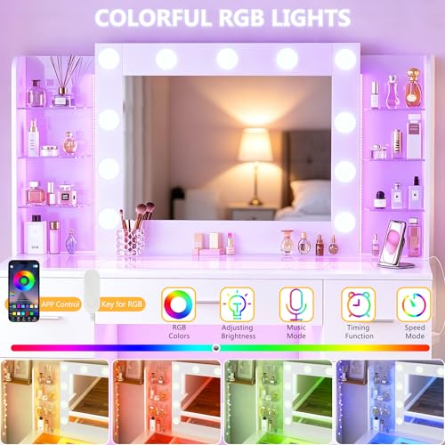 Image of HUAHUU Vanity Desk with Mirror and Hollywood Lights, Makeup Vanity 6 Backlit Open Shelves with Frosted Panel & RGB Light, Transparent Top, Power Outlet, 7 Drawers & Storage Organizer for Bedroom