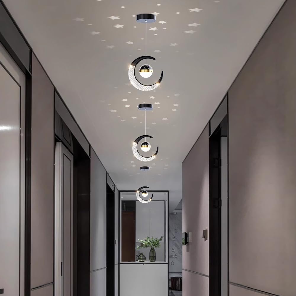 10W LED Lámpara Colgante Lampara Infantil, Lamparas de Araña Luna de Diseño Creativo Forma de Estrella, Dormitorio Lamparas de Techo Habitacion Los Niño Luz Colgante (Negro (Blanco cálido 3000K))