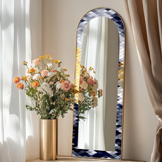 Specchio da pavimento con motivo geometrico in argento, oro e blu navy, 63,5 x 160 cm (larghezza x altezza), specchio da pavimento con cornice nera e cornice nera