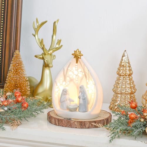 Cindeer 4 Piece Nativity Set,Ceramic Nativity Scene with Light, Christmas Nativity Sets for Christmas Indoor Porcelain Statue Nativity Figurine Collection for Xmas Tabletop Decor Gift