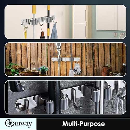 Image of CANWAY 2 Pieces Stainless Steel 2 Racks with 3 Hook Heavy Duty Wall Mounted Broom and Mop Stick Holder, Hanging Tools for Home Kitchen Garden Laundry Garage