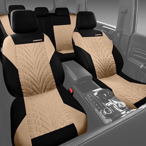 Image of CAR PASS Car Seat Covers Full Sets, Front & Split Rear Bench for Car, 3D Tyre Embossed Automotive Interior Covers, Airbag Compatible, Quick Setup Universal Fit Seat Covers for Car, SUV(Black Beige)