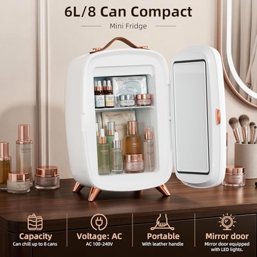 Image of Antarctic Star 6L /8 Cans Makeup Mini Refrigerator with Dimmable LED Light Mirror for Bedroom, Car, Office & Dorm,Portable Small Cooler for Cosmetics,Skin Care,WHITE