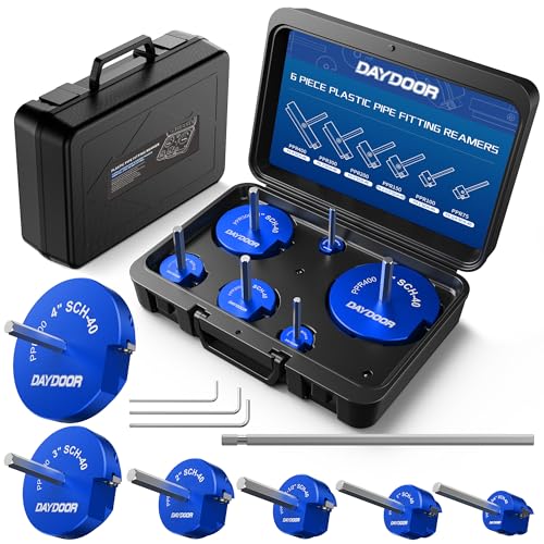 Image of DAYDOOR 6-Piece PVC Pipe Reamer Kit, 3 /4'', 1'', 1 1 /2'', 2'', 3'', 4'' | 4-Sided Carbide Blade Hub Saver, Socket Saver Plumbing Tool for Sch.40 PVC, CPVC, ABS, Fit Standard 1 /2 inch Drills