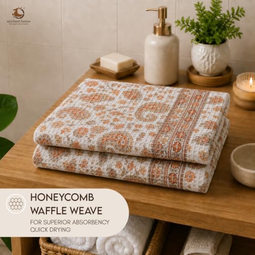 Image of Pure Cotton Printed Waffle Towel | Lightweight | Antimicrobial and Water Absorbent | Soft Touch Quick-Drying Bath Towel (Paisley Charm, Pack of 1)