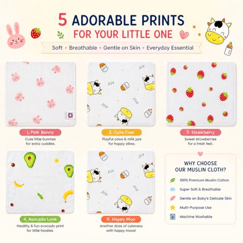 Image of GLUN 25x25cm Newborn Baby Muslin Cotton Towels Pack of 5, 2-Layer Soft Washcloth Hankies, Reusable Face Cloths for Infant Feeding, Cleaning & Bath, Skin Friendly, Printed