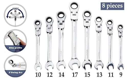Qnkaa Flexible Ratchet Wrench Set 8pcs 9-17mm Spanner Gear Ring Ratcheting Combination Flexi Wrenches Kit Metric Flex Head - Image 2