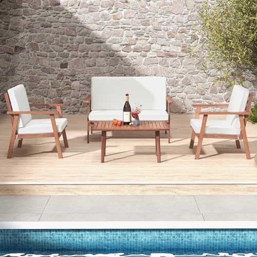 Tangkula 4 Piece Outdoor Conversation Set, Acacia Wood Sofa Set with Soft Seat & Back Cushions, Rectangle Coffee Table Patio Wood Furniture Set for Backyard, Poolside, Garden (1, Off White)