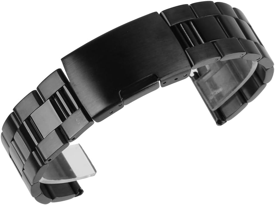 Bewish 2 Tone Brushed and Polished Solid Stainless Steel Watch Band Straight End Anti-Allergy with Single Button Clasp (28mm, Black)