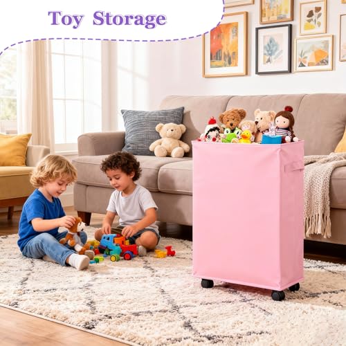 Image of 42L Slim Laundry Basket with Wheels, Rolling Laundry Hamper for Small Spaces, Collapsible 600D Oxford Dirty Clothes Basket with Brake & Handle, Narrow Laundry Basket for Dorm, Bathroom, Pink