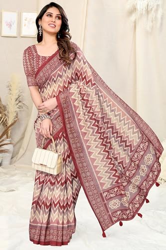 Image of MIRCHI FASHION Women Saree Ajrakh Digital Printed Cotton Blend | Lightweight Professional Office Sari with Blouse Fabric