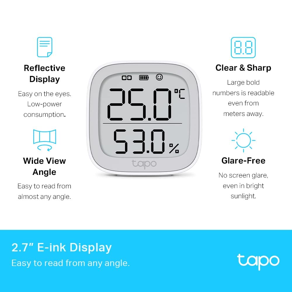 Tapo T315 Smart Room Thermometer, Humidity Meter, Hygrometer, Room Thermometer Indoor, Humidity Sensor, Room Temperature Monitor, 2.7″ E-ink Display, Real-Time Notifications, Free 2-Year Data Storage