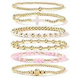 SHINUS BOHO Cross Gold Beaded Bracelet Stack for Women,Bohemian Stretch White Pink Beads Stackable Bracelets Set Fashion Prom Party Accessories Jewelry Gift Friendship