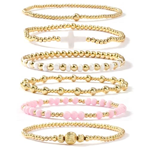 SHINUS BOHO 14K Gold Plated Beaded Stack Bracelets Sets for WomenStackable Trendy Waterproof Ball Beads Pink Stretch Bracelet Stocking Stuffer Accessories Jewelry Mothers Day Gifts