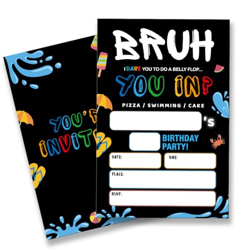 QZJ Bruh Pool Birthday Invitation Supplies with Envelopes Set of 20 Boy Birthday Party Invitations Fill in Blank, Double Sided