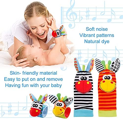 Foot Finder Socks & Wrist Rattles - Newborn Sensory Toys for Baby Boy or Girl - Brain Development Infant Toys - Hand and Foot Rattles Suitable for 0-3, 3-6, 6-9, 9-12 Months Babies (Giraffe & Zebra)