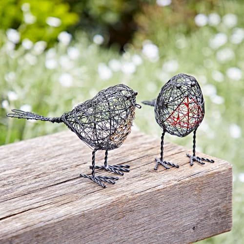 Paper High Set of Two Wire Robin Decorative Ornament - Outdoor or Indoor Decoration - Metal Sculpture - For The Garden - Red and Gold Breasted Robins