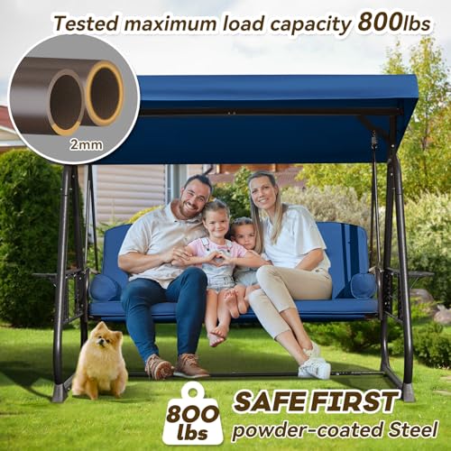 Image of 3 in 1 Outdoor Porch Swing with Adjustable Canopy, 3 Seat Outdoor Swing for Adults, Patio Swing Chair with Thickened Cushions,Pillows & Cup Holders for Backyard, Porch, Garden (Blue)