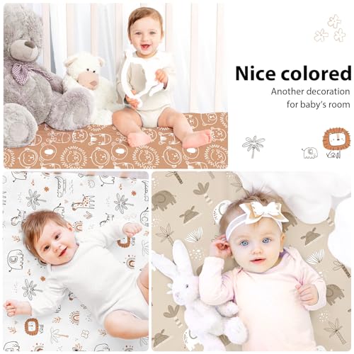 Image of Baby Crib Sheets for Boys and Girls, 3 Pack Toddler Bed Sheets for 52 inchx28 inch Standard Toddler Mattresses, Soft Microfiber Fitted Crib Sheets Neutral Orange Animal World