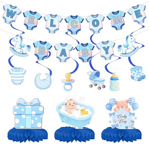 Set de decoración para baby shower de niño: pancarta de bienvenida para el bebé, 6 adornos colgantes en espiral y 3 bolas de nido de abeja, con diseños de ropa, cochecito y biberón en cartulina de