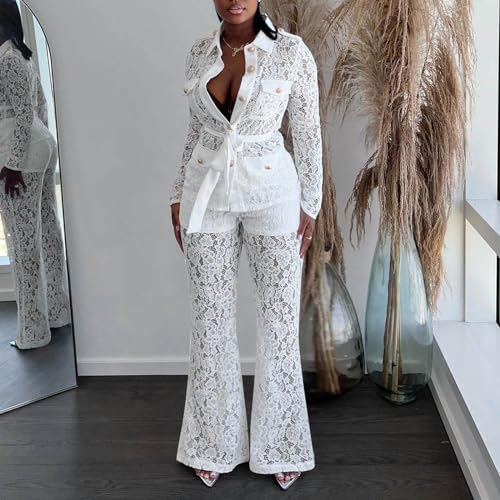 Women's 2 Piece Outfits Sexy Lace Suits Long Sleeve Button-Down Shirt and Flared Pants Elegant Sets with Belt2