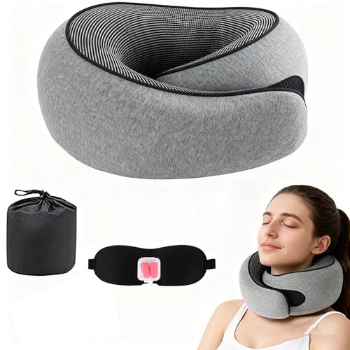 Travel PillowsMemory Foam Neck Pillow for Ergonomic Support with Eye Mask Earplugs Airplane Car Office and Home Sleeping Use (Black)