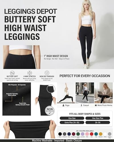 Image of Leggings Depot Women's High Waist Leggings Soft 1 inch Waistband Solid Pants - Regular, Plus, 1X3X, 3X5X