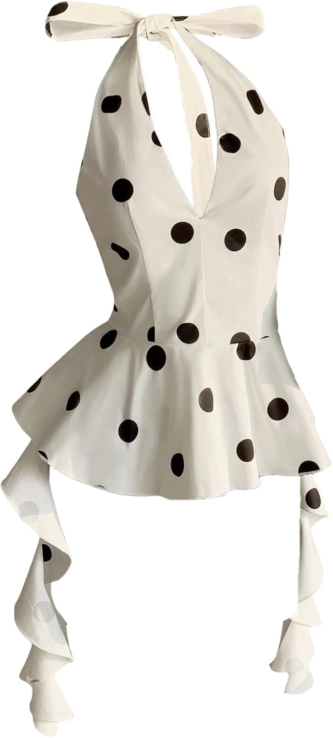 MakeMeChic Women's Polka Dots Halter Top Tie Open Back Sleeveless Summer Y2k Peplum Tops
