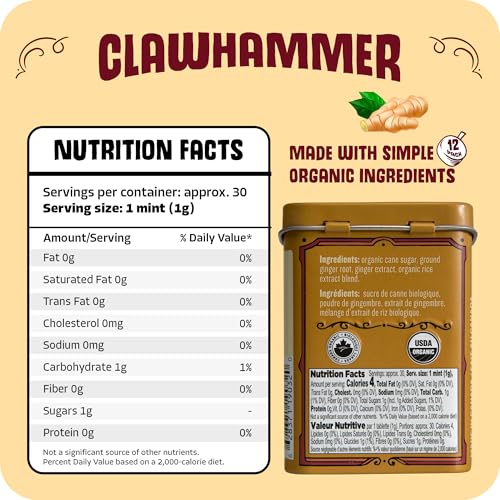 Clawhammer Organic Mints Spicy Ginger Root | Cane Sugar, Natural Flavors, No Artificial Colors or Sweeteners | Kosher, Vegan, Gluten Free | Aspartame & Xylitol Free | 30 Count Tin (Pack of 12)