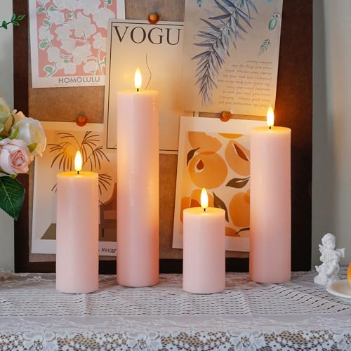 Image of Flickering Flameless Pillar Candles with Remote Control and Cycle Timer,Pink Pack of 4 Battery Operated(Powered by 2AA) LED Real Wax Tall Fake 3D-Wick Electric Candles(D 2.2 inch x H 4 inch,6 inch,8 inch,10 inch)
