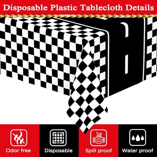 Image of WNINK 4 Pack Race Car Table Cloth Black and White Gingham Tablecloths Disposable Plastic Buffalo Check Tablecloth Checkered Flag Covers for Birthday, Outdoor Picnic, Birthday, Camping 54 x 108 Inch