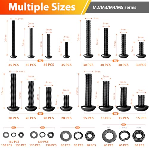 1705 Pieces Hex Button Head Machine Screw Assortment Kit M2 M3 M4 M5 Metric Bolt and Nut with Lock and Flat Washers, 10.9 Alloy Steel Cap Screw Set with Wrench