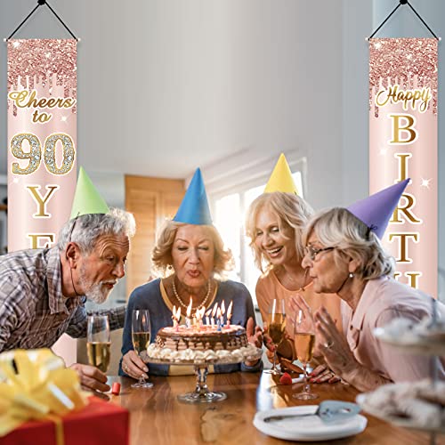 Image of 90th Birthday Decorations Door Banner for Women, Pink Rose Gold Cheers to 90 Years Birthday Backdrop Sign Party Supplies, Happy Ninety Birthday Porch Decor for Indoor Outdoor