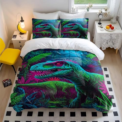 Roaring T-Rex - Juego de ropa de cama para niños, diseño de dinosaurio volcán de dibujos animados, funda de edredón con fundas de almohada, estampado de aventuras prehistóricas (impresión 5, doble + 2