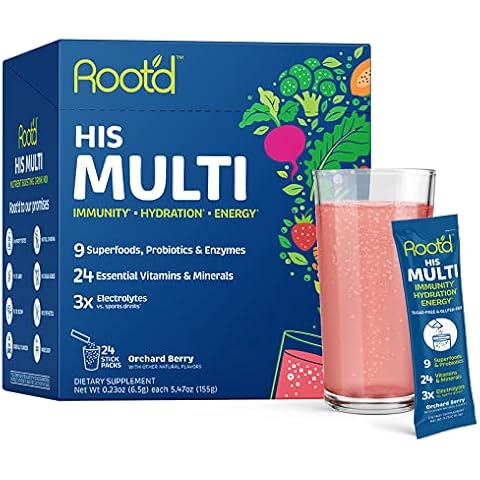 Root'd Multivitamin Powder with 3X Electrolytes for Men - 24 Vitamins & Minerals, 3X Electrolytes, 9 Organic Superfoods, Probiotics & Enzymes, Sugar-Free Multivitamin & Hydration | 24 Packets Cover