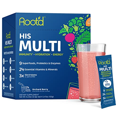 Root'd Multivitamin Powder with 3X Electrolytes for Men - 24 Vitamins & Minerals, 3X Electrolytes, 9 Organic Superfoods, Probiotics & Enzymes, Sugar-Free Multivitamin & Hydration | 24 Packets