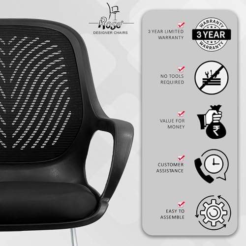 Image of ROSE Zaria | 3 Years Brand Warranty | Ergonomic mesh mid-Back Office Chair, Perfect for Study, Work from Home, revolving, Rolling Computer Desk Chair (Black, Visitor)