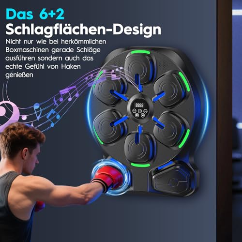 Music Boxing Machine mit LED & Bluetooth – Elektronische Boxmaschine mit Musik für Erwachsene & Kinder – 6+2 Schlagflächen, Stereo Lautsprecher, Wandmontage – Boxtrainer für Zuhause