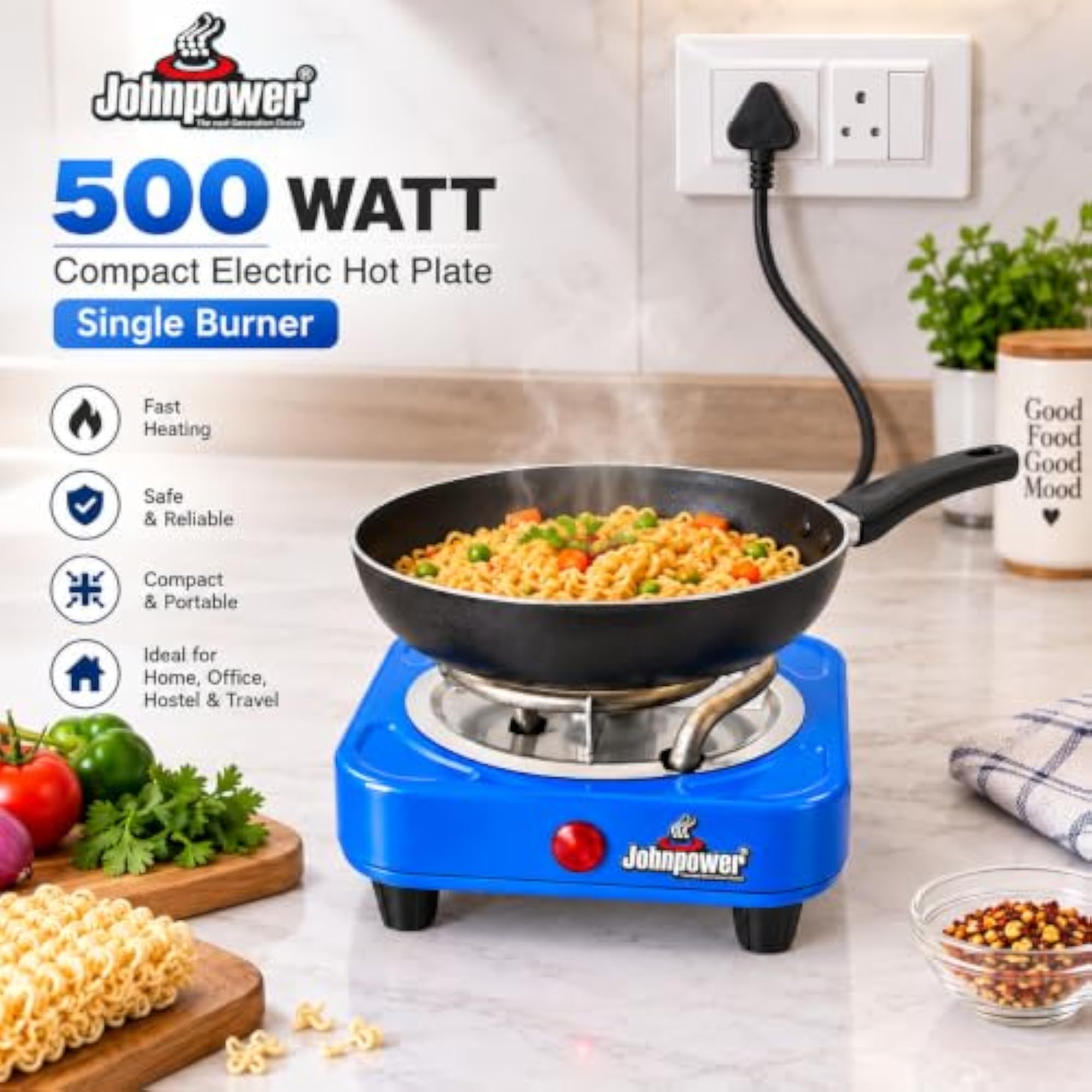 Compact Electric Hot Plate 500W Single Burner, Blue