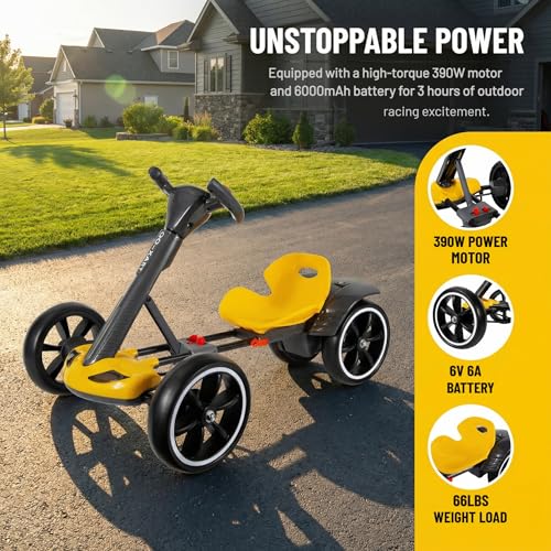 Image of MAOO Electric Go Kart for Kids, Foldable Ride On Toy Car for Toddlers Ages 2-4, Zero Assembly Battery Powered Go Kart with EVA Foam Tires, Adjustable Seat, Steering Wheel, 390 Motor, 3.73 MPH (Yellow)