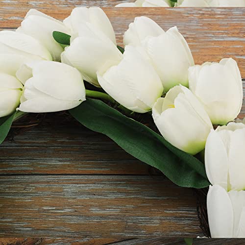 Modudy Artificial White Tulip Flower Wreath,13.8 Inch Tulip Summer Door Wreath With Silk Bow,Mothers Day Hanging Decorative Fake Flower With White Tulip And Green Leaves #TOP5