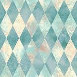 Diamond Checkered Wallpaper Peel and Stick Retro Geometric Boho MCM Blue Green Teal Vintage Plaid Wallpaper Self Adhesive Mid Century Modern Checkerboard Contact Paper Waterproof 17.5x80' Hellowall