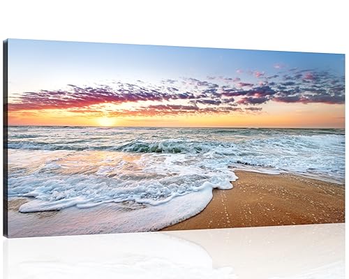 TutuBeer 1 Panels Beach Pictures Ocean Pictures Wall Decor Ocean Wall Art White Sea Sunrise with Deep Blue Sky Print on Canvas Seascape Canvas Art for Home Decor Wall Decor Ready to Hang 16" x 32" x 1