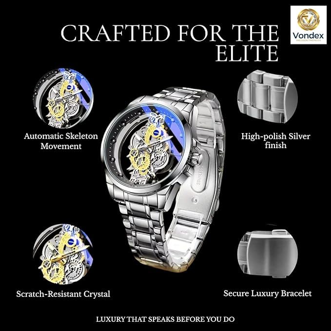 Image of Rick Automatic Skeleton Watch for Men, Mechanical Movement, Stainless Steel Strap, Transparent Dial, Premium Luxury Wrist Watch for Party & Formal Wear (Ice Silver)