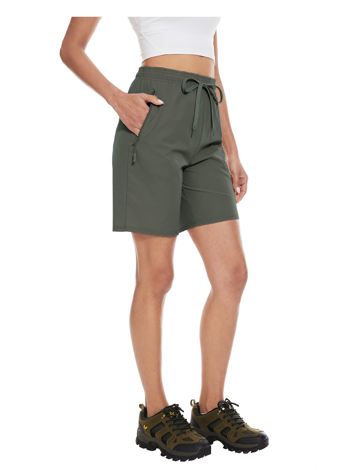 BATHRINS Léger Short Cargo Femme, Imperméable Bermuda Femmes Sport Cargo Taille Haute Short pour Randonnée Golf Loisir Safari Extérieur avec Multi-Poches Zippées