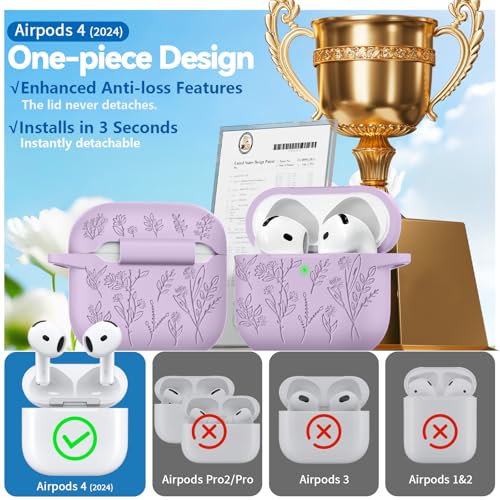 Image of for Airpods 4 Case, Ekoonpft Flower Engraved Cases for Apple AirPods 4th Generation 2024, Soft Silicone Cover for Women Girly with 3-in-1 Cleaning Kit & Keychain, Anti-Scratch, Shockproof