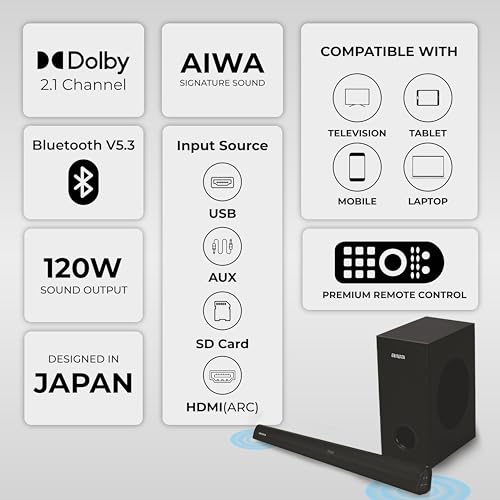 Image of Aiwa Signature Sound | Soundbar with Bluetooth V5.3 and Powerful Bass, 5.25 Inches Subwoofer, 2.1 Channel with Remote Control, SD Card HDMI AUX USB 120W Surround Sound | KANDO - AW-SSB120 (Black)