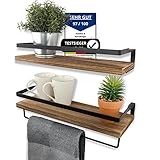 AZANO Wandregal Küchenregal | 100% Echtholz | Holz und Metall Schwarz | ideal für Küche Badezimmer Flur Wohnzimmer | mit Handtuchhalter Industrial Design Deko Holzbrett 2 Stück