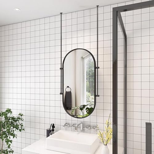 Espejo de tocador montado en el techo, espejo de baño con barra colgante, espejo de pared ovalado grande, espejo decorativo con marco de metal para ducha, afeitado y maquillaje, dorado (negro, 50 cm