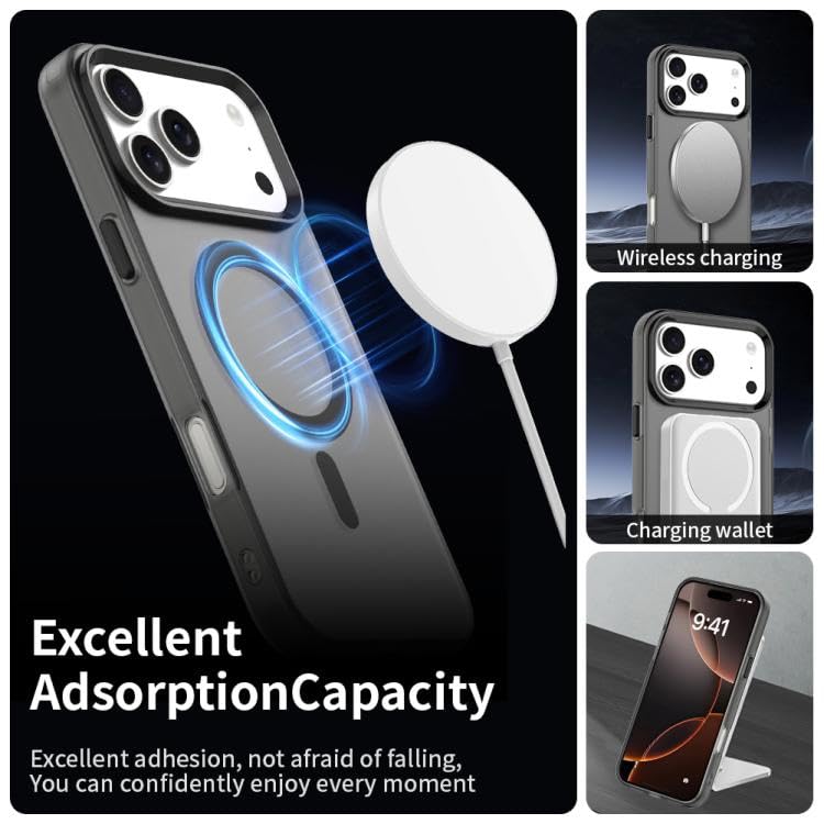 Image of Elzzi Translucent Matte Back Cover for iPhone 17 Pro Max Case, Shockproof Anti-Fingerprint Phone Cover with Magnetic Wireless Charging, MagSafe Compatible Protective Case for Men & Women (Black)